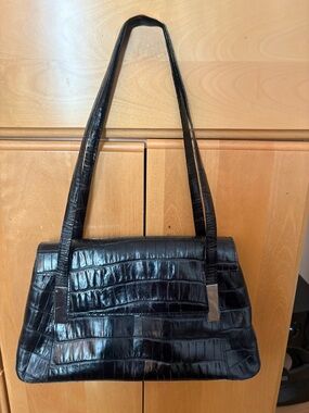 Black Croc-Embossed Shoulder Bag with Double Straps
